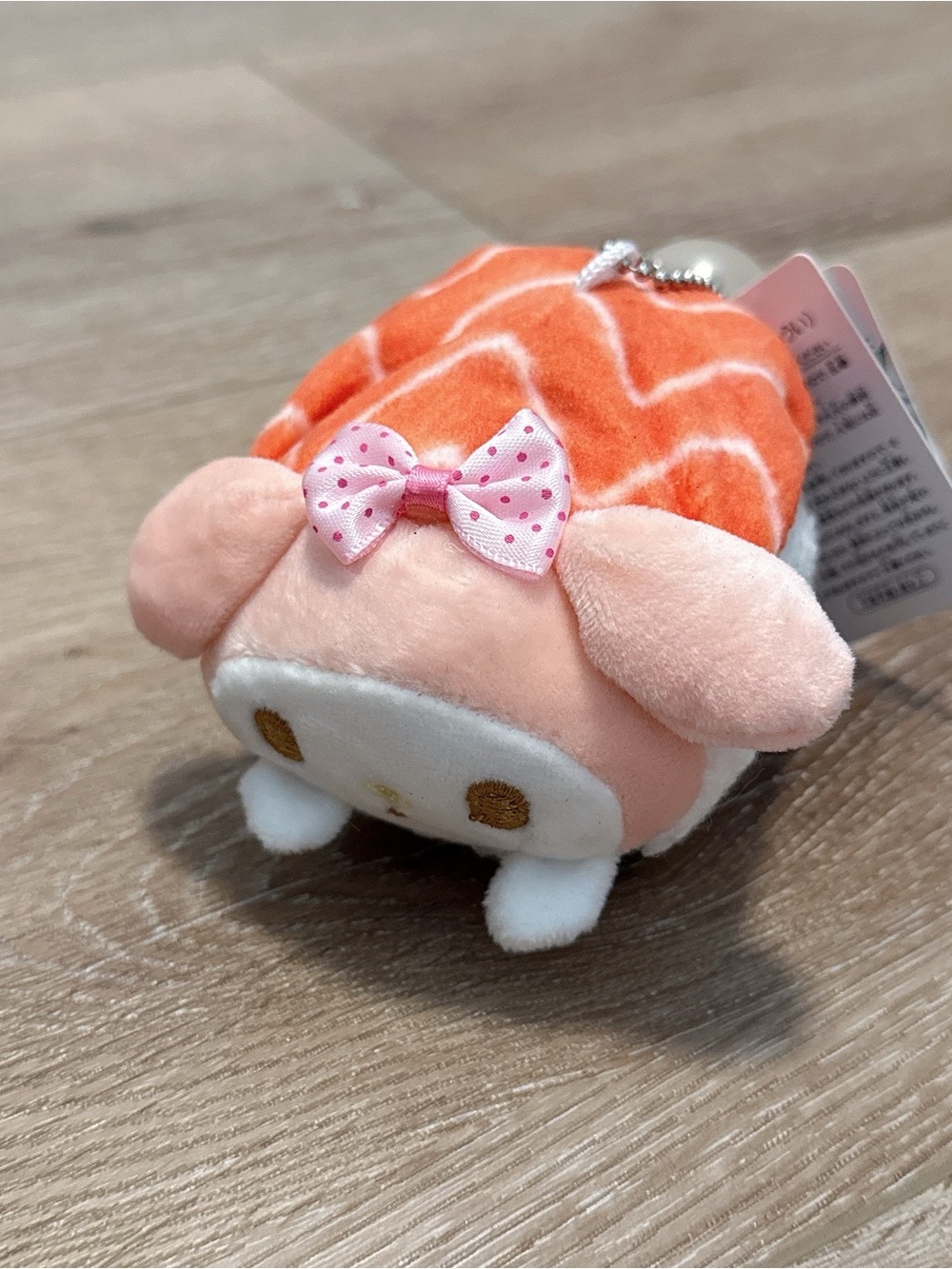My melody sushi salmon Plush Pink Orange Bow Keychain - Cute Kids Accessory